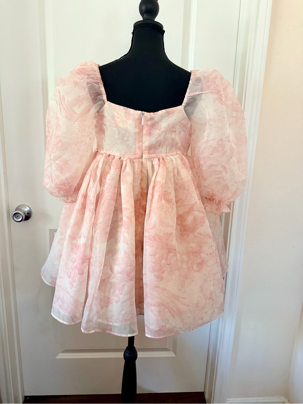 Selkie Pink Floral Organza Puff Sleeve Mini Dress —Cottagecore Fairy Party Dress - Picture 3 of 5